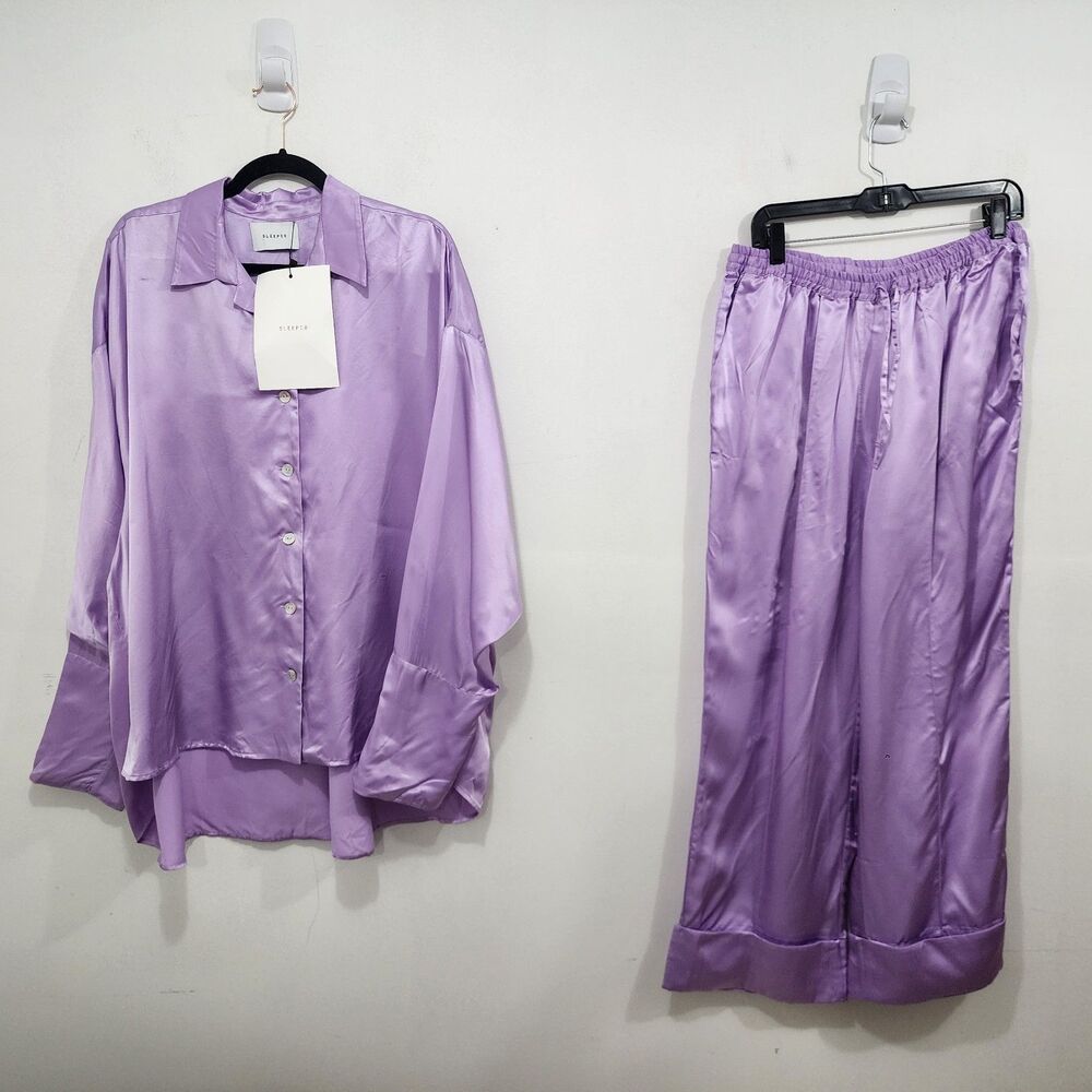 Sleeper Pastelle Oversized Satin Pajamas 2-piece Lounge Set Lilac Lightweight OS